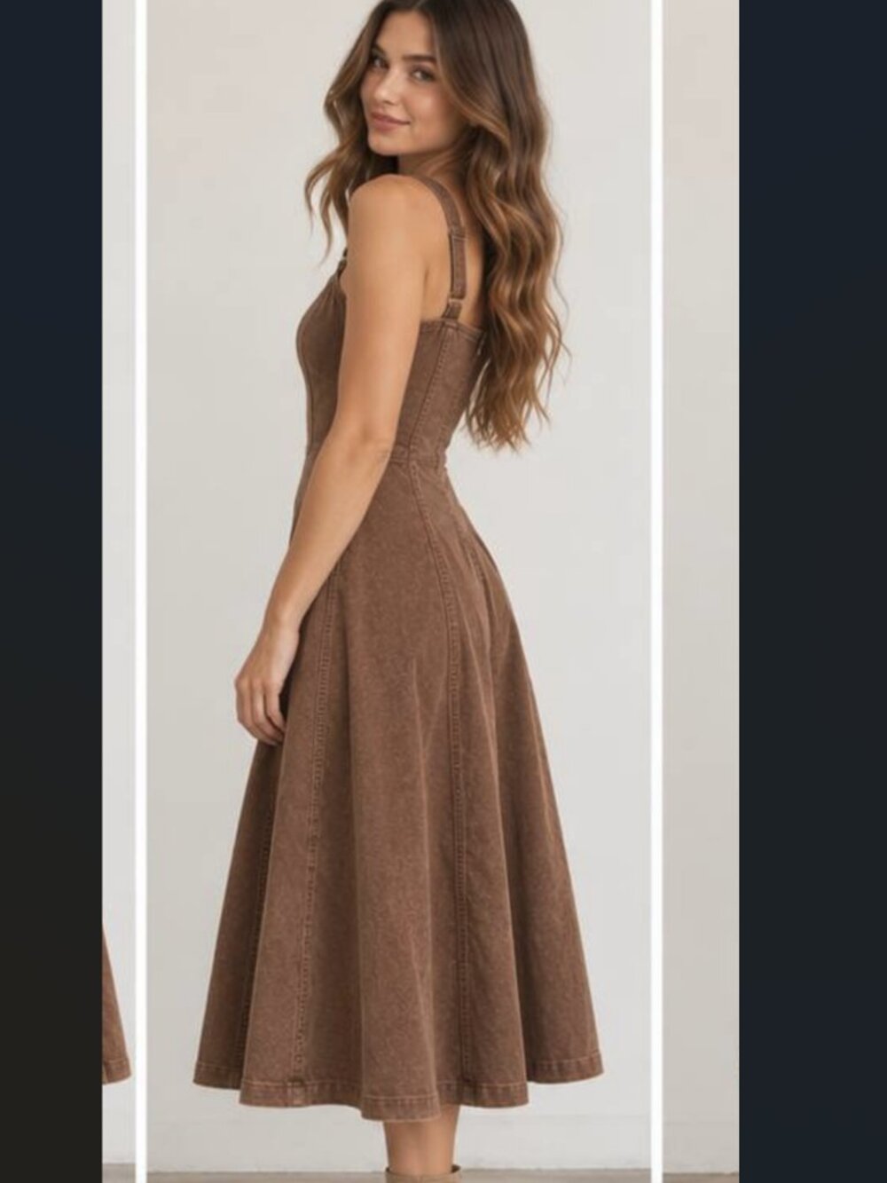 Brown denim midi dress, mocha fit and flare dress side Pockets - Picture 2 of 8